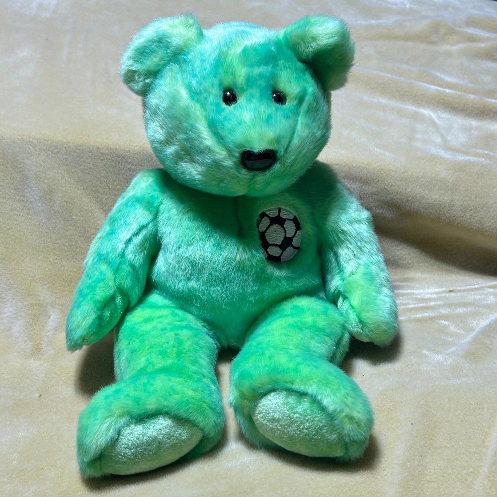 Vintage 1999 Ty Beanie Buddy Kicks Soccer Bear Plush Neon Green Tylon Kidcore